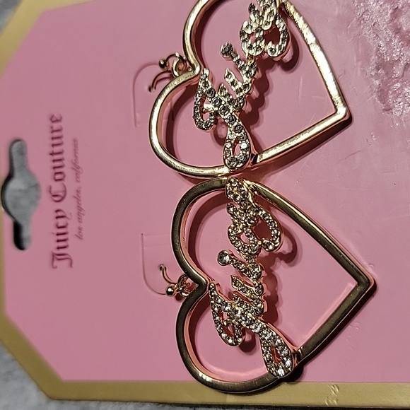 Nwt Juicy Couture Script Crystal Heart Drop Earrings Gold Tone Dangle Bling - Picture 7 of 7